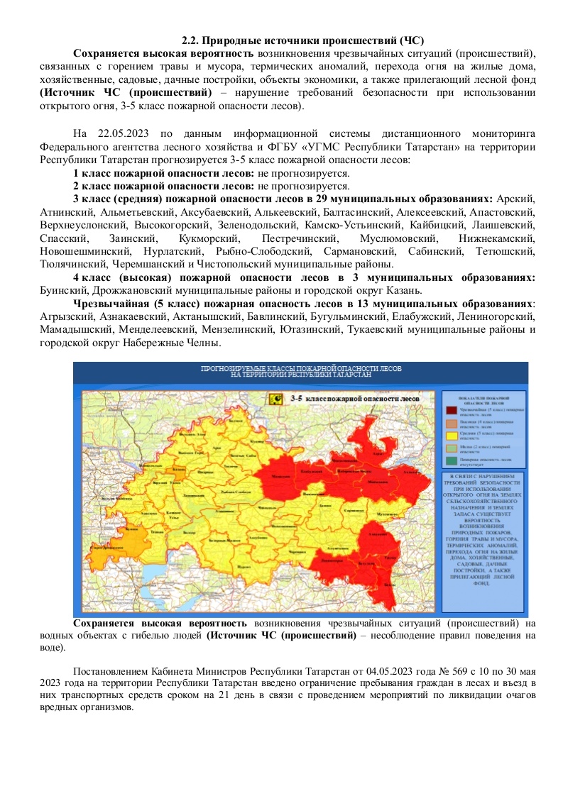 Ежедневный оперативный прогноз возникновения и развития чрезвычайных  ситуаций на территории Республики Татарстан на 22.05.2023 г. (активная  интернет-ссылка на раздел Оперативная информация сайта ГУ МЧС России по РТ  обязательна). - Оперативная информация -